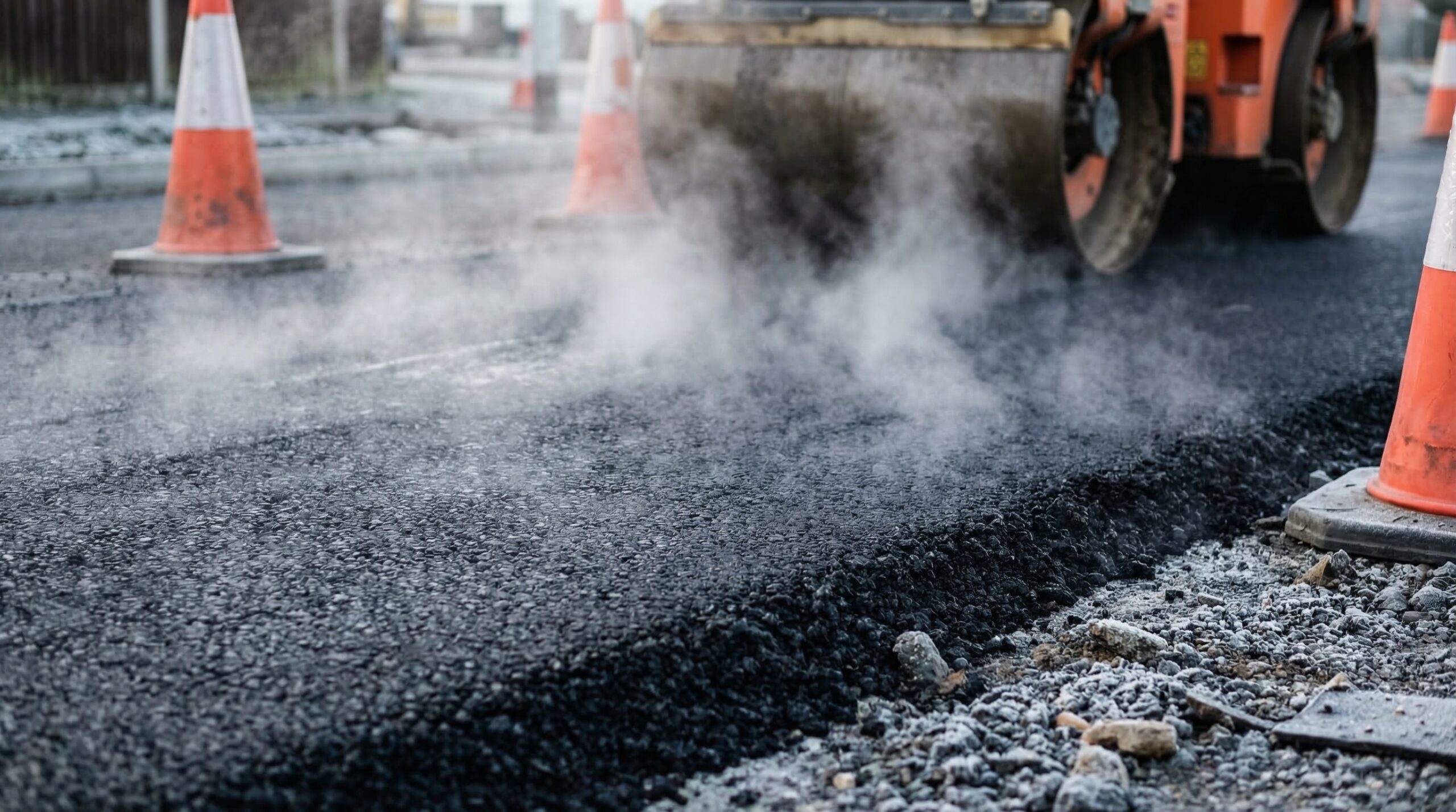 Heavy industrial steamroller machine pressing hot, steaming black asphalt during road construction. Blackstone Bobcat excavation 2025